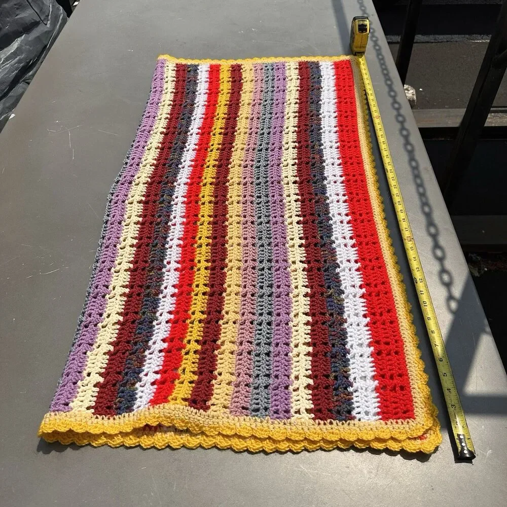 Handmade Crocheted Striped Multicolor Throw Blanket 43x43 in Grandmacore Cottage